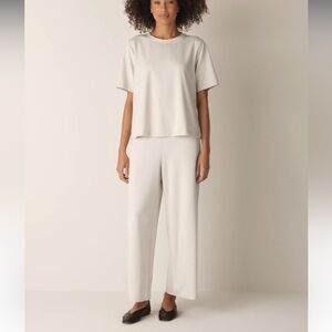 Eileen Fisher Wide Leg Ribbed Pull up Organic Cotton Blend pant in Cream SPetite